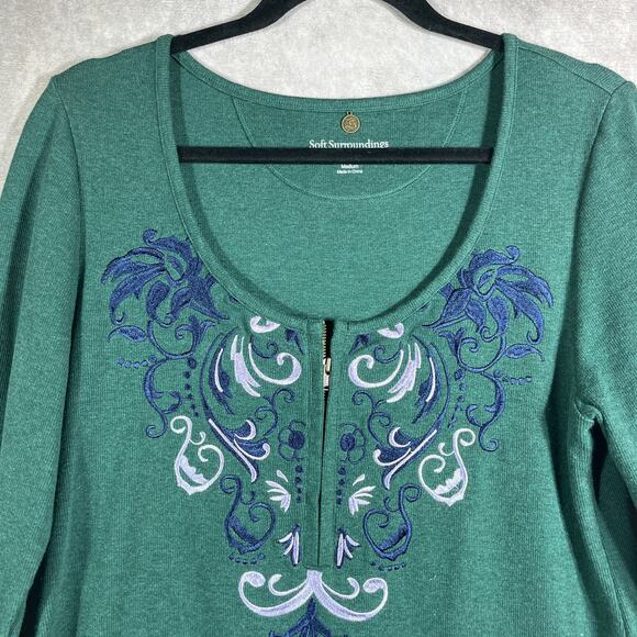 Soft Surroundings Shirt Womens Medium Green‎ Waffle Knit Zip Long Sleeve Artsy - Picture 2 of 9